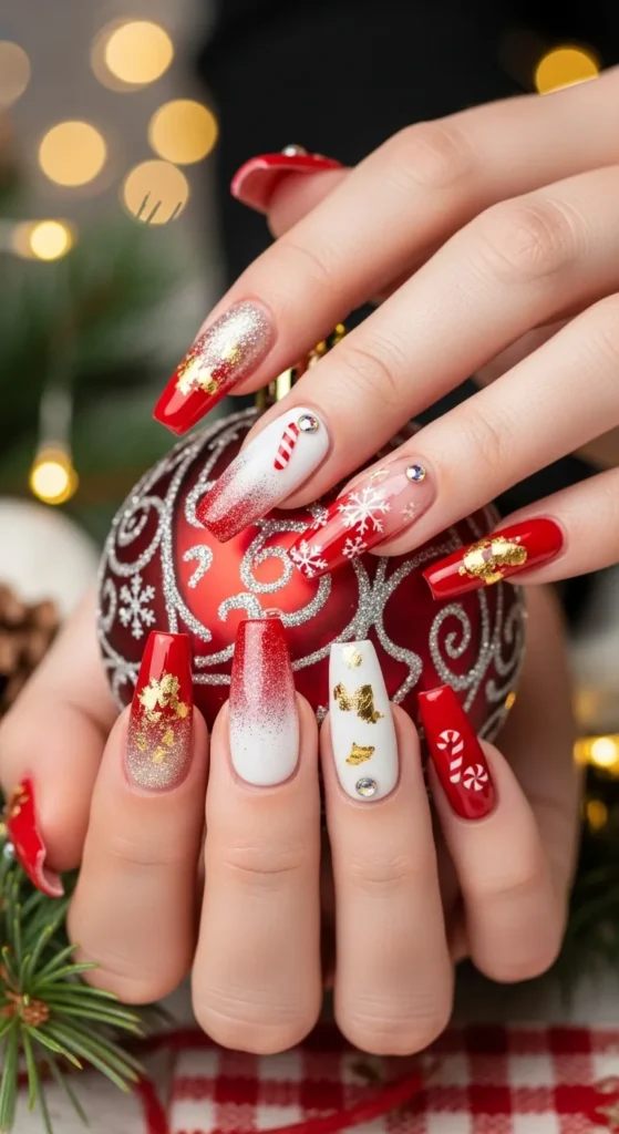 Glossy Glitter Metallic Gold Foil Visual Idea — Long Christmas Nails 2026