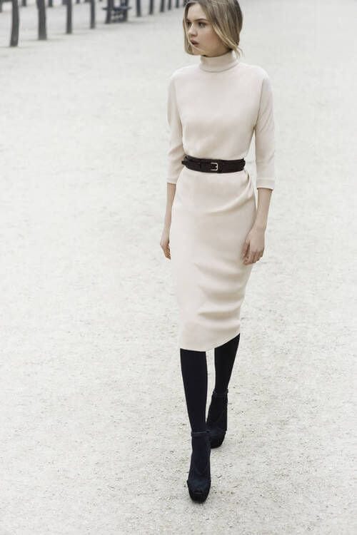 Cream Turtleneck Midi Dress with Brown Leather Belt Cream Turtleneck Midi Dress with Brown Leather Belt — Winter Office Outfits 2027