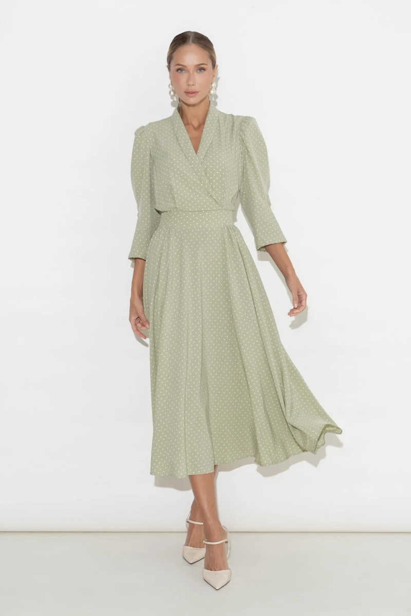 Polka Dot Play: Light Green Wrap Midi Dress with Pearl Earrings Polka Dot Play: Light Green Wrap Midi Dress with Pearl Earrings — Midi Dresses 2027