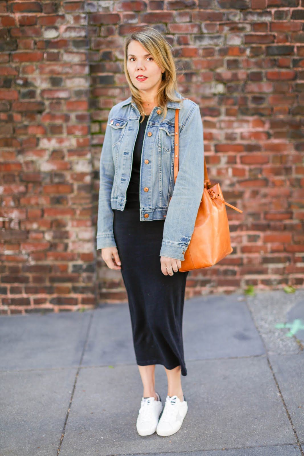 Black Jersey Midi Dress with Blue Denim Jacket and Sneakers Black Jersey Midi Dress with Blue Denim Jacket and Sneakers — Little Black Dress Outfits 2027