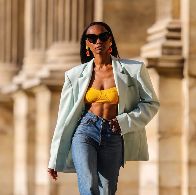 Light Blue Blazer with Yellow Bandeau and Denim Light Blue Blazer with Yellow Bandeau and Denim — Light Jacket Outfits 2027