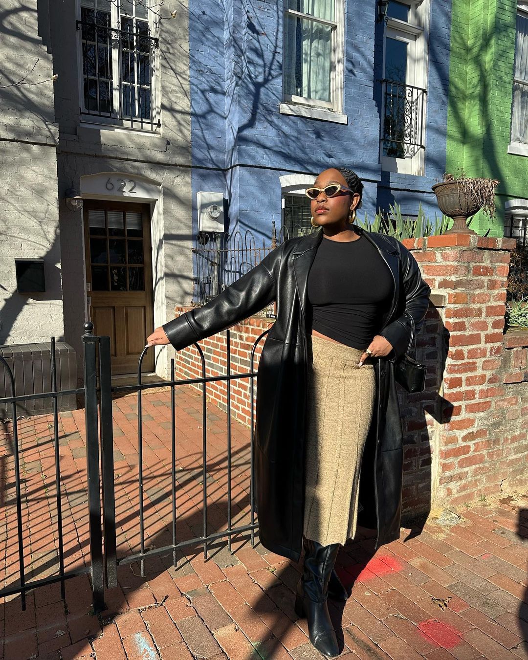 Edgy Contrast: Textured Beige Midi Skirt with Leather Trench — Midi Skirts 2027