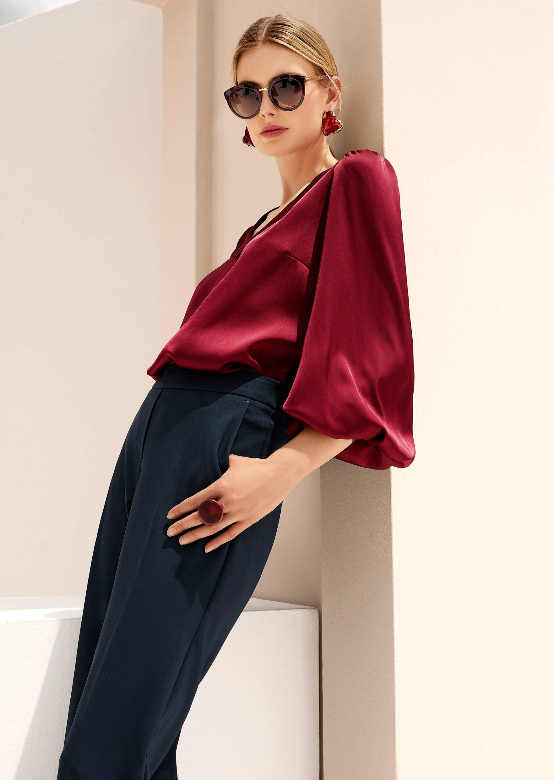 Chic Burgundy Satin Blouse with Puffed Sleeves and Navy Trousers — Burgundy Outfits 2027
