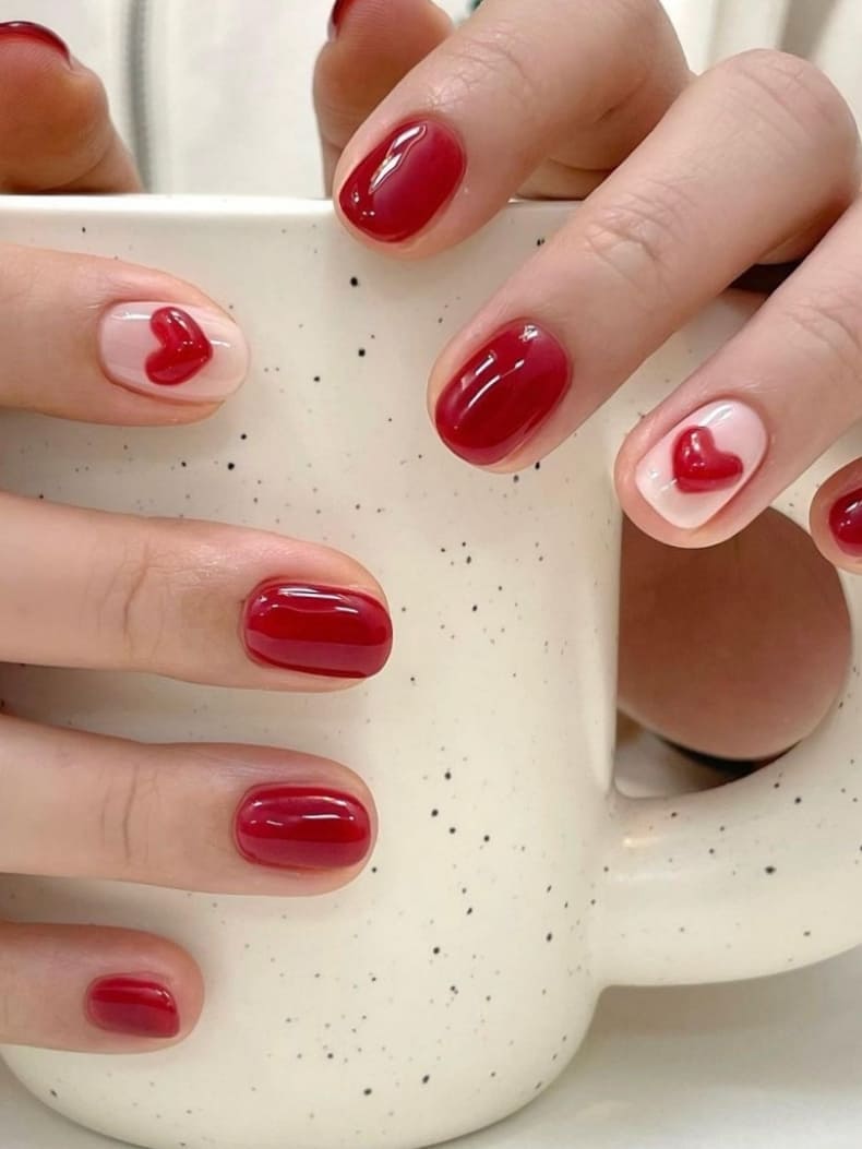 Deep Red With 3D Heart Accents Deep Red With 3D Heart Accents — Red Valentines Nails 2027
