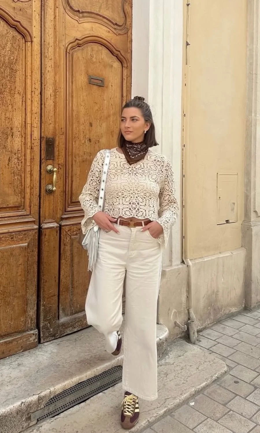 Cream Crochet Top and White Pants with Sneakers Cream Crochet Top and White Pants with Sneakers — Travel Outfits Europe 2027