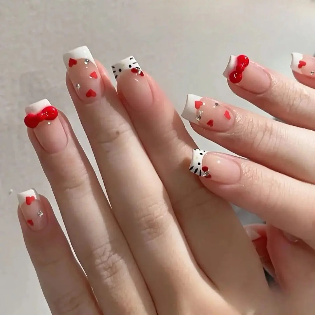 Medium Square Nude French Hello Kitty — Red Hello Kitty Nails 2027