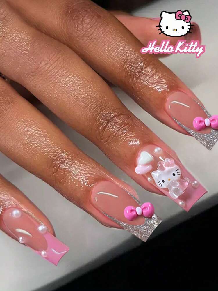 Glitter French Tips with 3D Hello Kitty Figures Glitter French Tips with 3D Hello Kitty Figures — French Hello Kitty Nails 2027