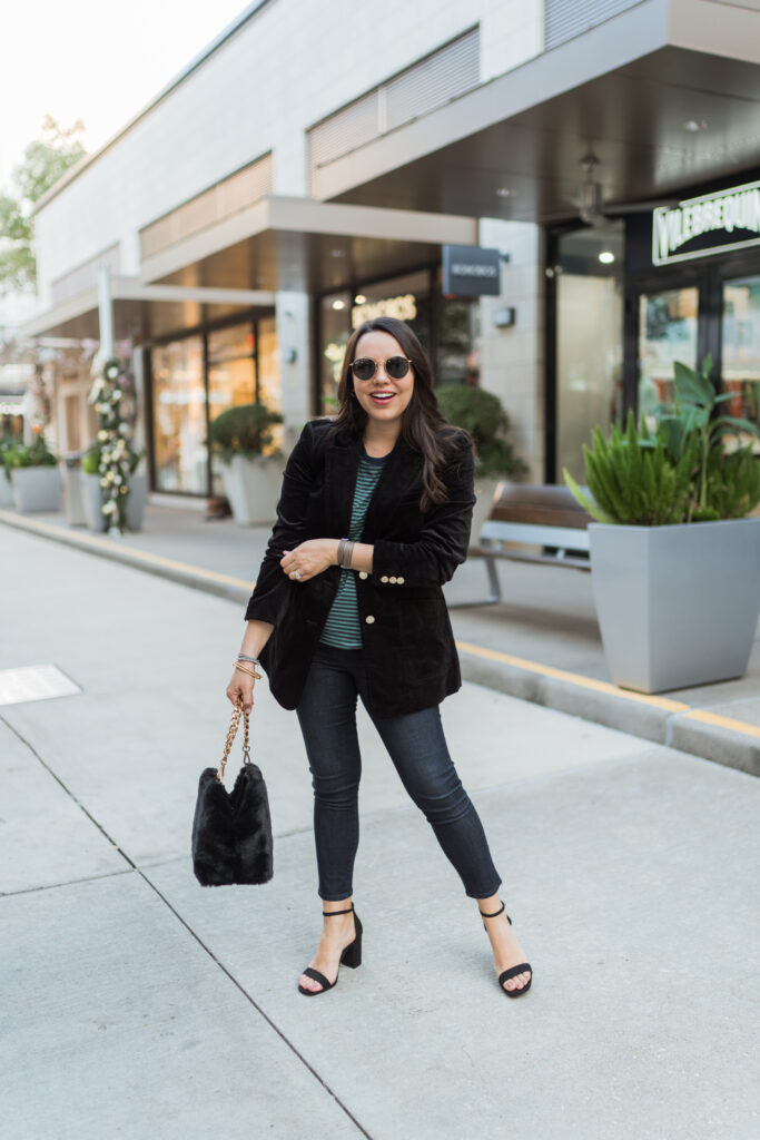 Black Velvet Blazer over Striped Tee for Casual Holiday Style Black Velvet Blazer over Striped Tee for Casual Holiday Style — Holiday Outfits 2026