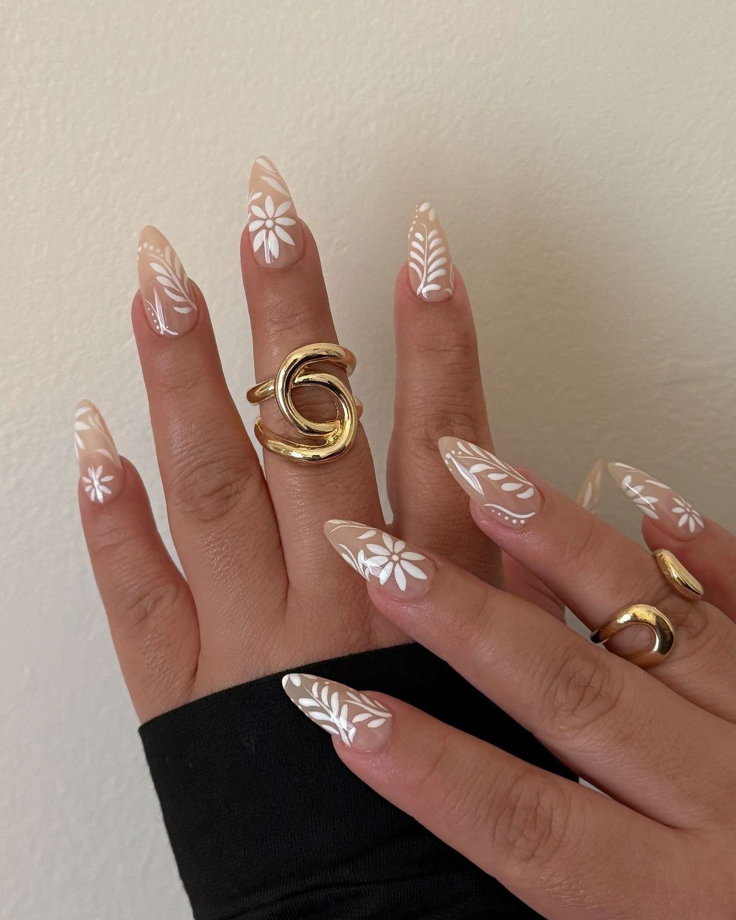 Botanical White Art Long Almond — Nude Summer Nails 2027