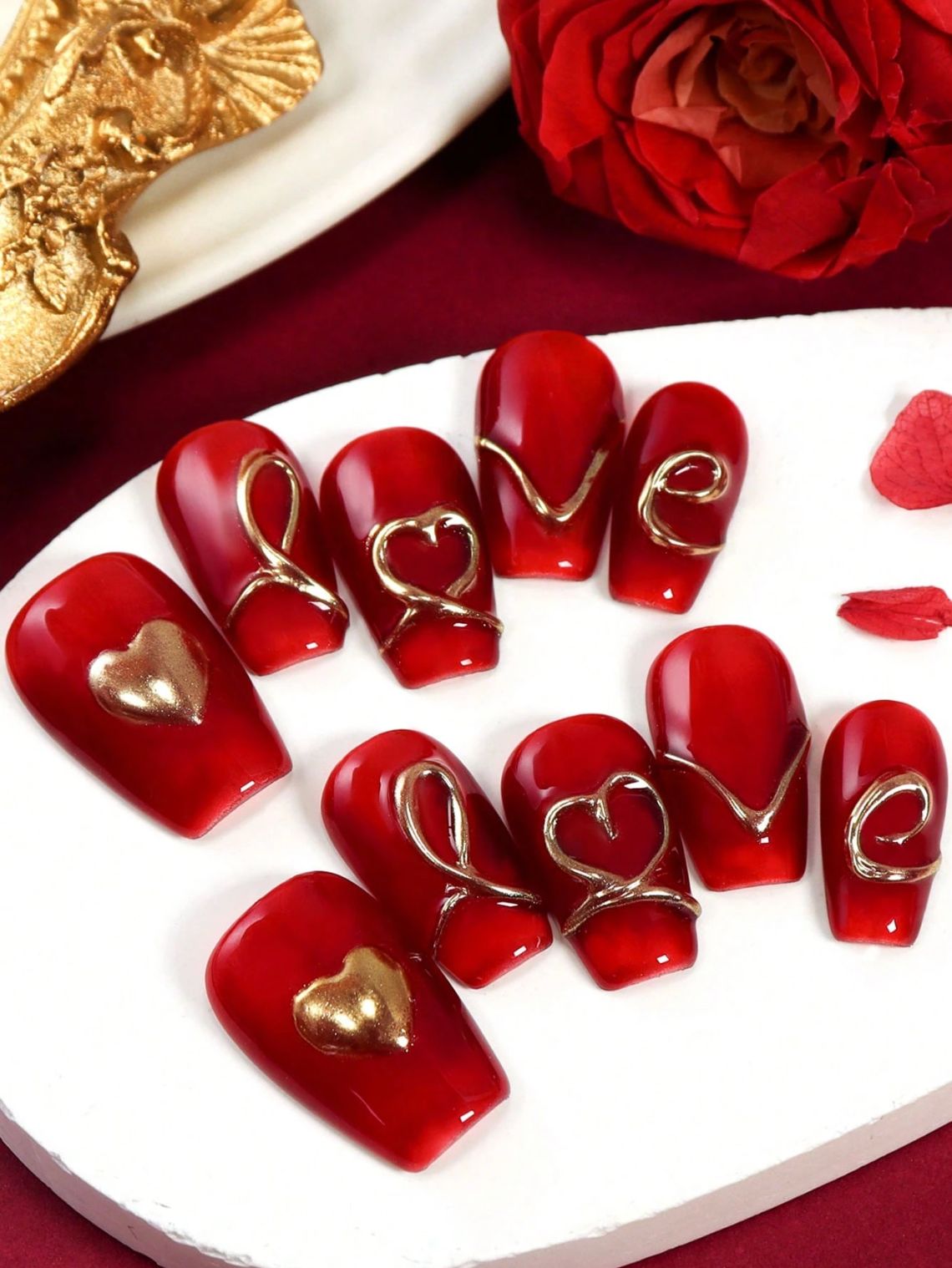 Deep Red Glossy With Gold Heart Accents Deep Red Glossy With Gold Heart Accents — Love Nails 2027