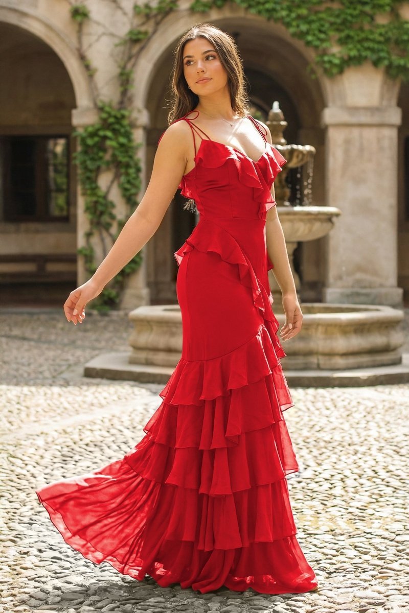Red Mermaid Gown with Cascading Ruffled Tiers Red Mermaid Gown with Cascading Ruffled Tiers — Ruffle Dresses 2027
