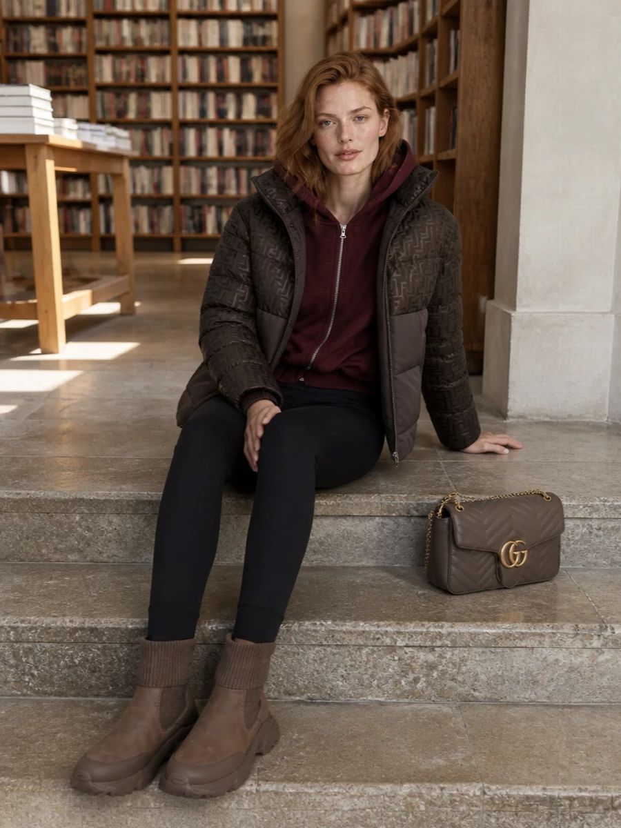 Casual Winter Patterned Puffer Jacket Outfit — Puffer Bag Outfits 2027