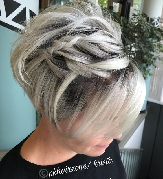 Platinum Blonde Pixie Bob Braided Crown Platinum Blonde Pixie Bob Braided Crown — Wedding Hairstyles 2027 for Short Hair
