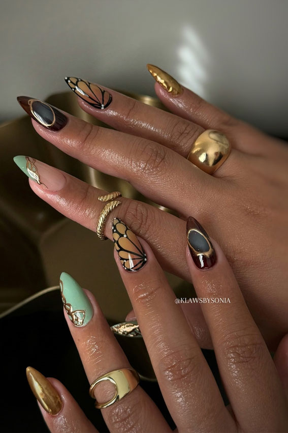Medium Almond Earthy Brown Mint Butterfly Wings — Short Butterfly Almond Nails 2027