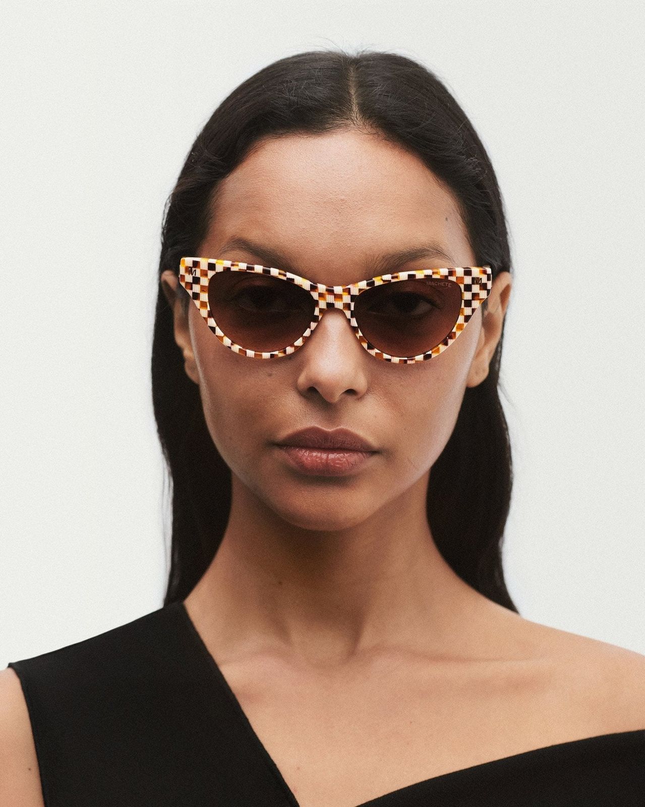 Patterned Tortoiseshell Cat Eyes with One-Shoulder Top — Cat Eye Sunglasses Outfits 2027