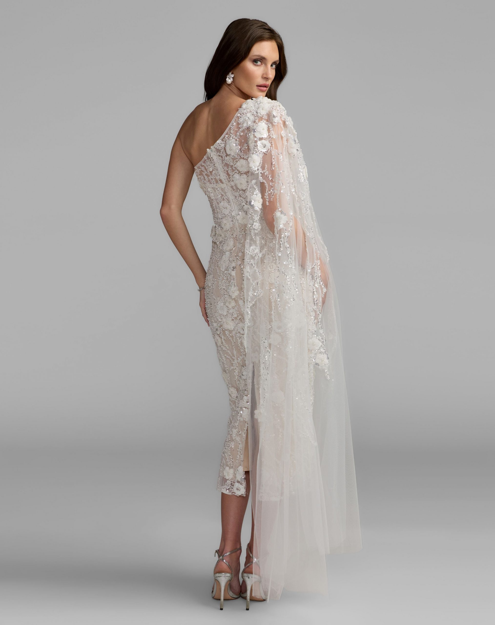 Elegant Ivory One-Shoulder Dress with 3D Florals and Capelet — Bridal Shower Dresses 2027