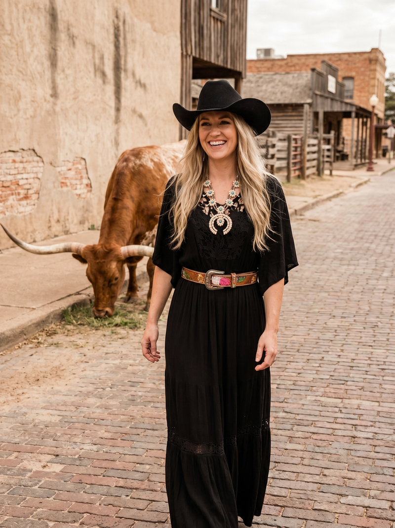Black Lace Maxi Dress with Embroidered Boots Black Lace Maxi Dress with Embroidered Boots — Cowgirl Dress 2027