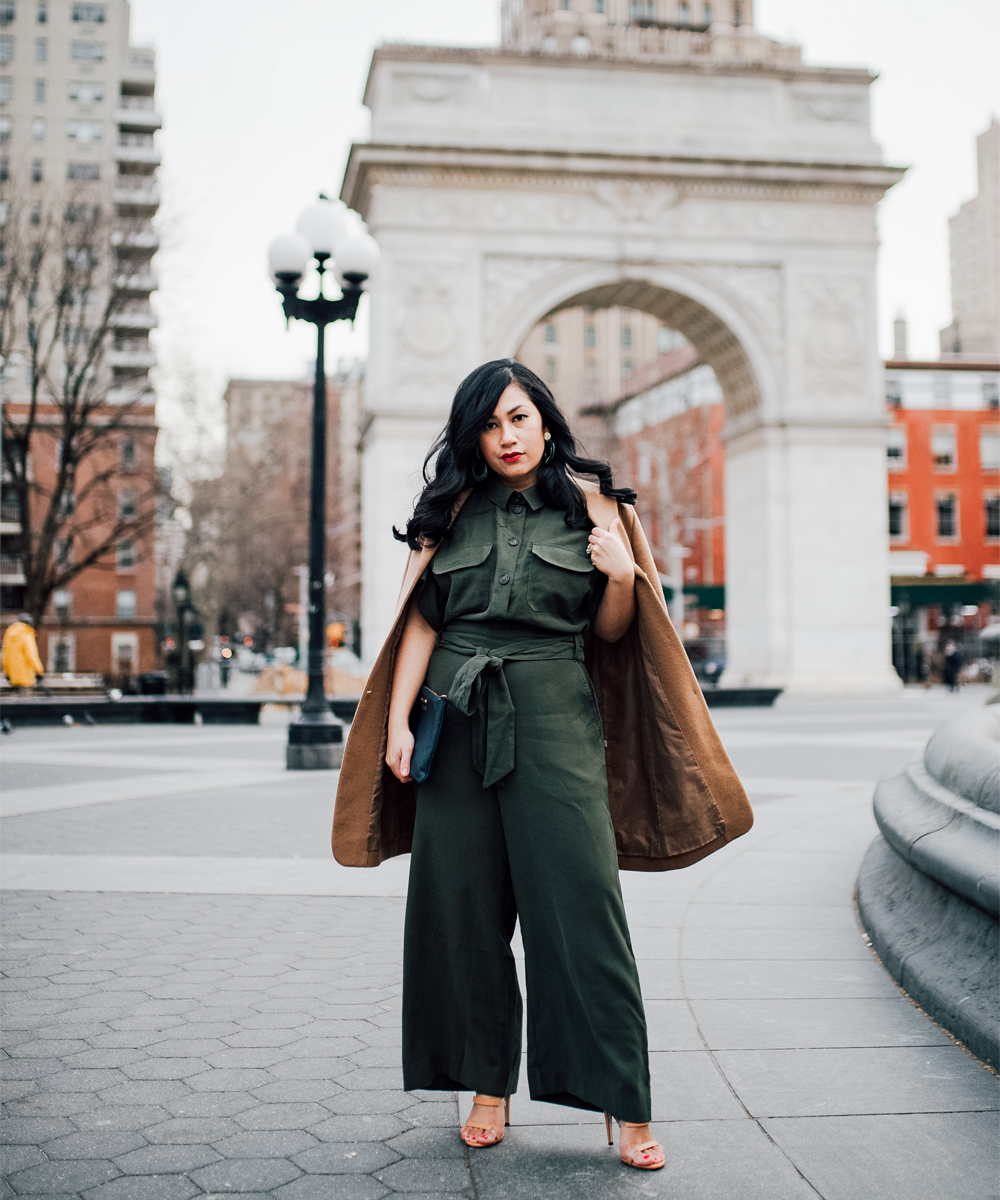 Olive Green Jumpsuit and Camel Coat: Chic Layered Look — Earth Tone Outfits 2027
