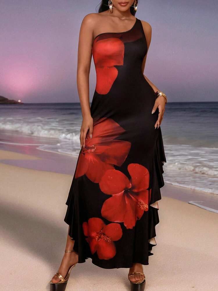 Black One-Shoulder Maxi Dress with Red Floral Print for a Bold Statement Black One-Shoulder Maxi Dress with Red Floral Print for a Bold Statement — Cruise Dinner Dress 2027