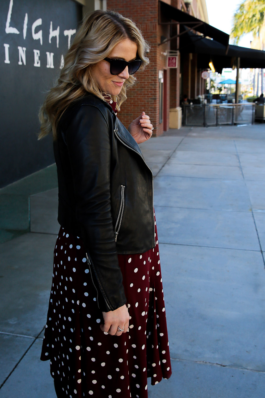 Gold Wedge Sandals Casual Charm: Leather Jacket with Burgundy Polka Dot Dress Gold Wedge Sandals Casual Charm: Leather Jacket with Burgundy Polka Dot Dress — Dress 2027 with Leather Jacket Outfit