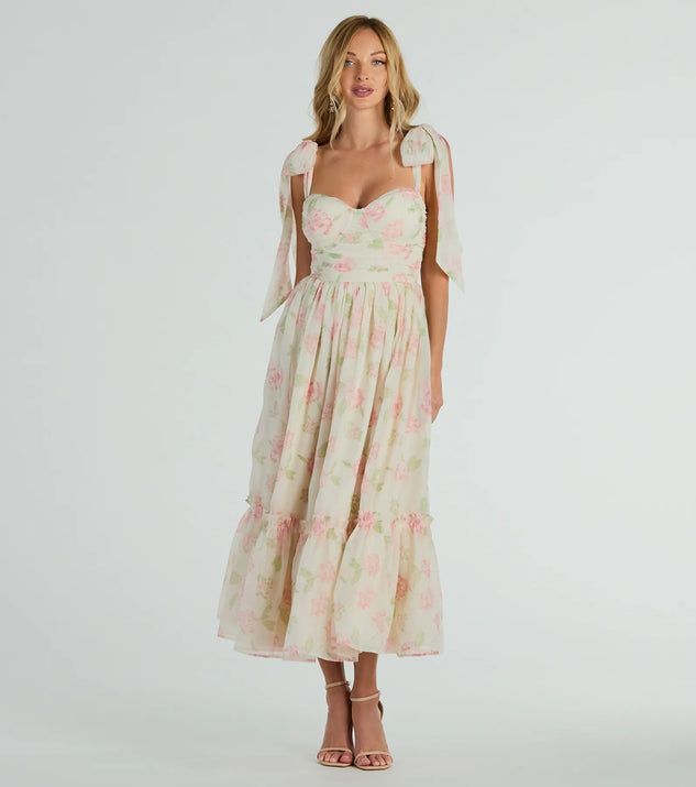 Cream Floral Tiered Midi Dress with Tie Shoulders Cream Floral Tiered Midi Dress with Tie Shoulders — Bridal Shower Dress 2027 for Guest