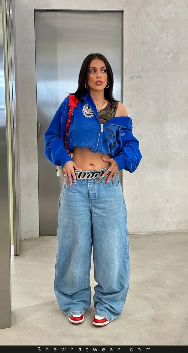 Oversized Hoodie with Camouflage Crop Top and Jeans — Y2K Outfits 2027