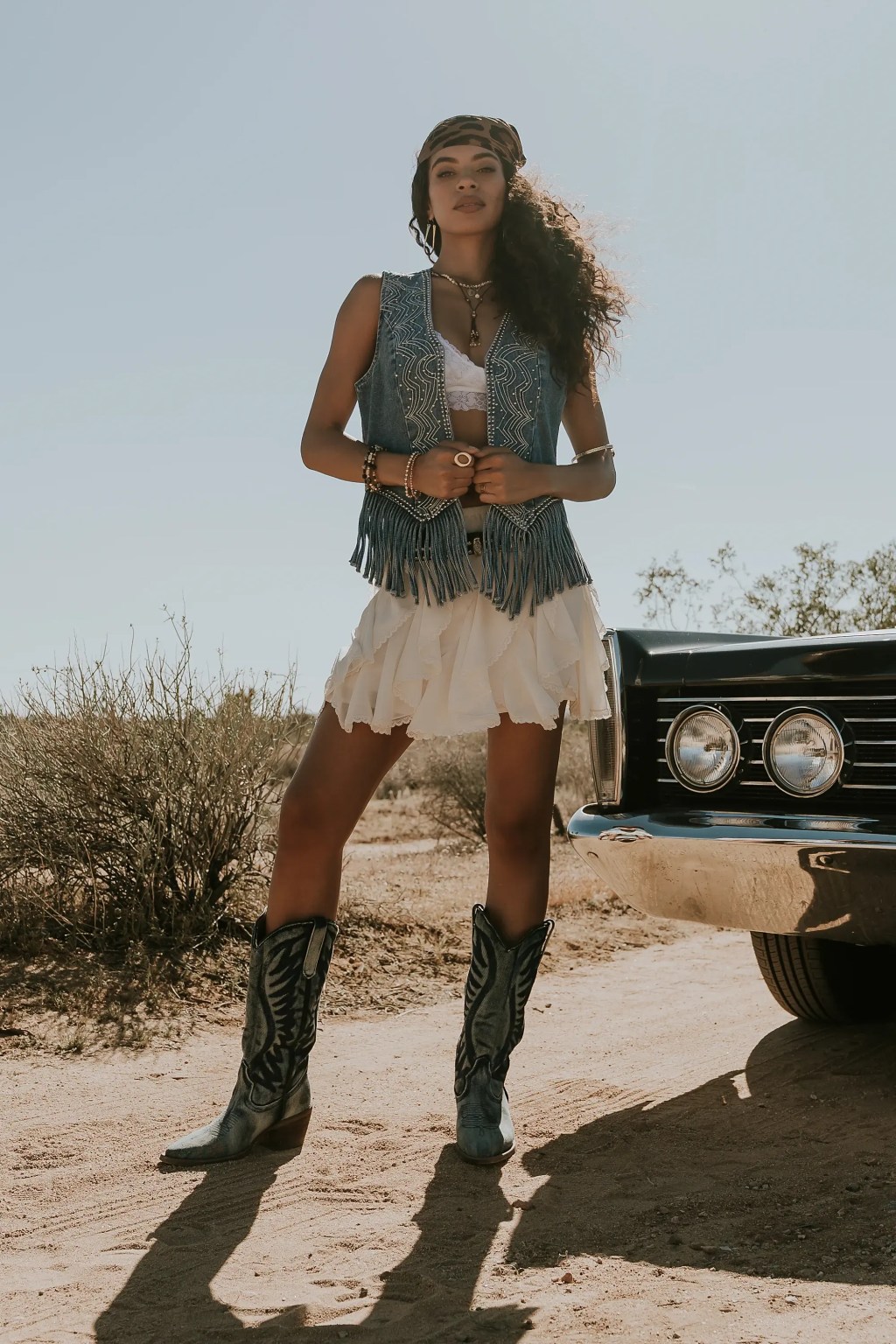 Bohemian Western: Denim Fringe Vest and Embroidered Boots Bohemian Western: Denim Fringe Vest and Embroidered Boots — Western Outfits 2027