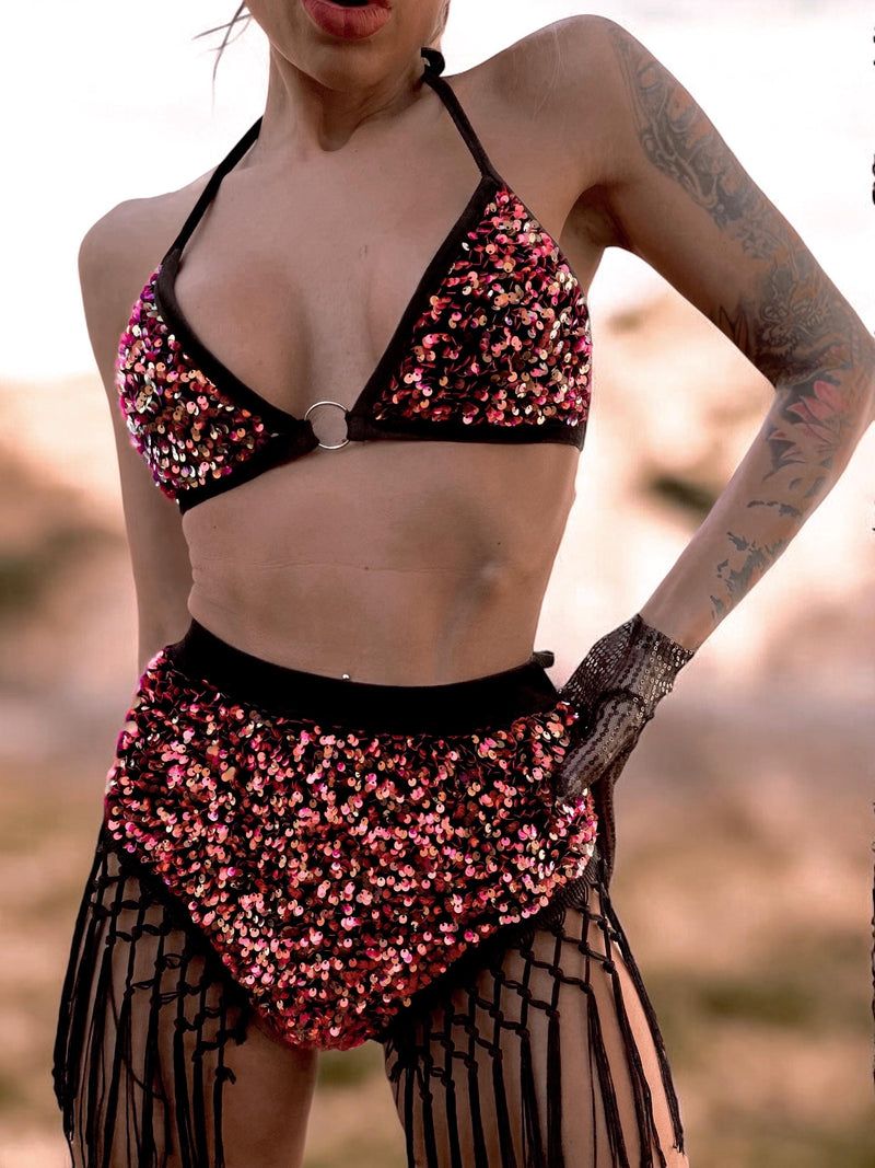 Pink Sequin Bikini with Black Fringe Shorts and Snake-Print Glove Pink Sequin Bikini with Black Fringe Shorts and Snake-Print Glove — Pink Rave Outfits 2027
