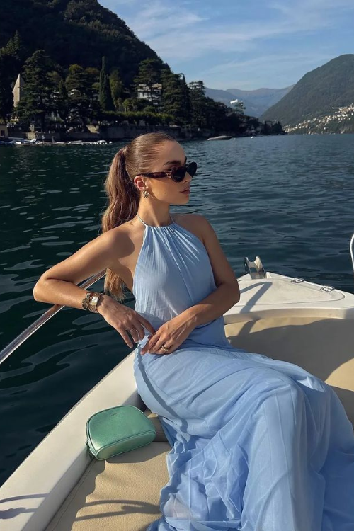 Light Blue Halter Maxi Dress for Elegant Yachting Light Blue Halter Maxi Dress for Elegant Yachting — Yacht Outfits 2027