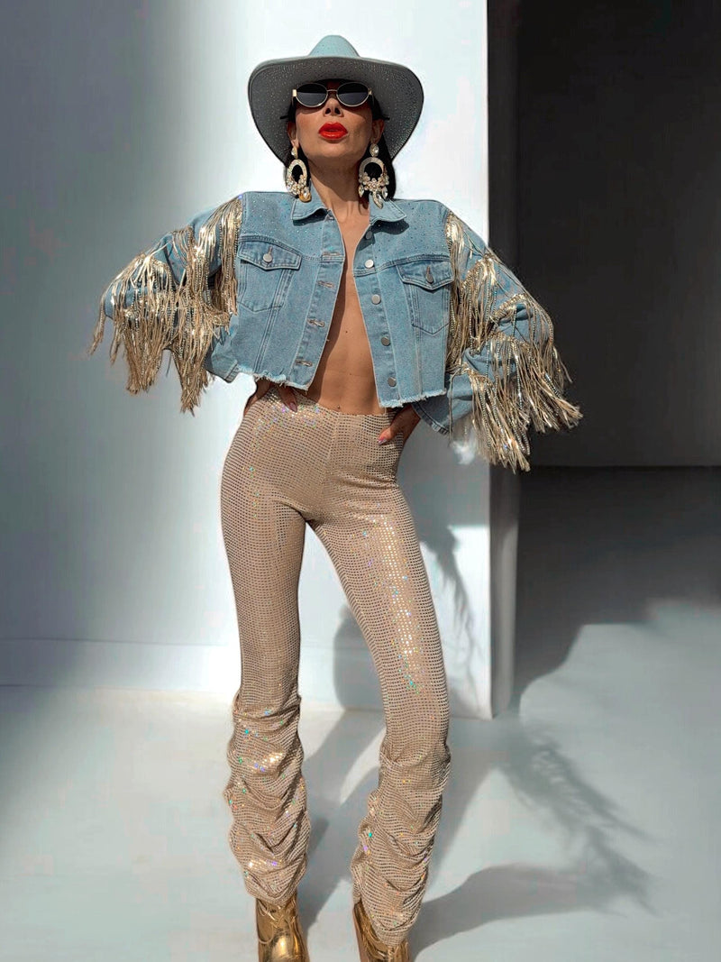 Gold Metallic Boots Festival Style: Cropped Denim Jacket with Fringe and Sequined Pants — Holographic Outfits 2027