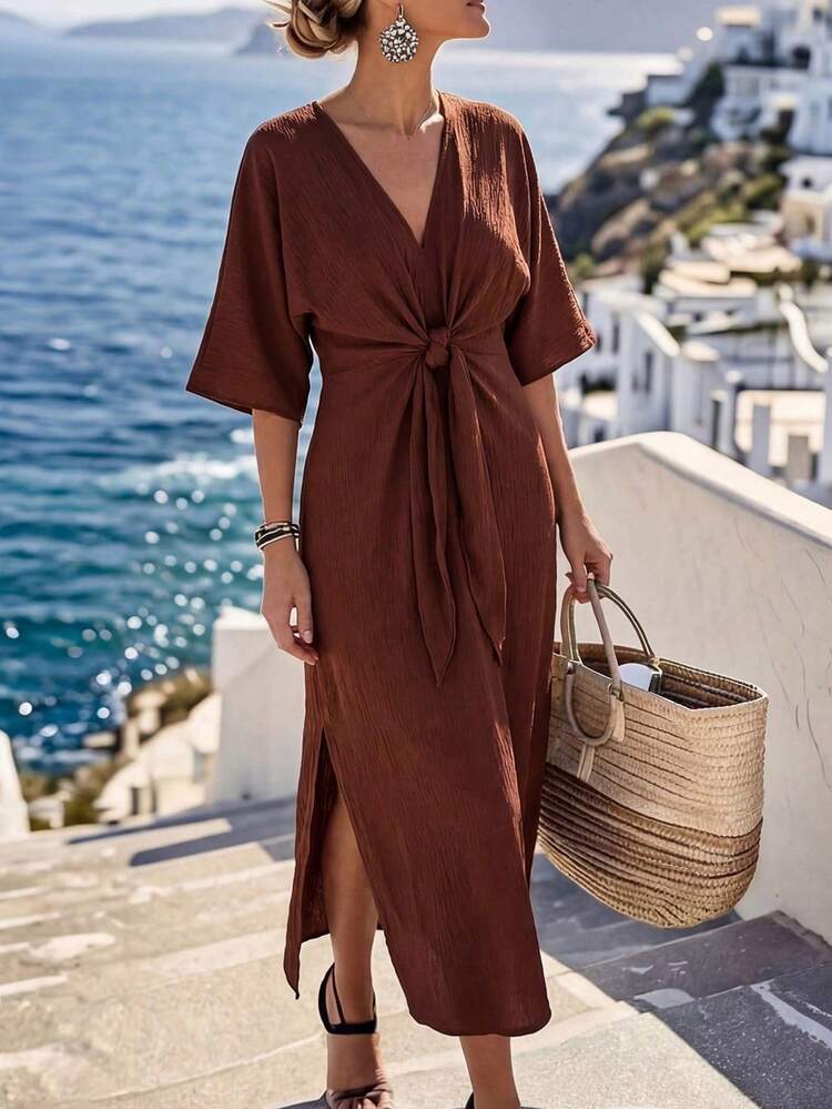 Brown Textured Wrap Dress with High Slit for Vacation — Wrap Dresses 2027
