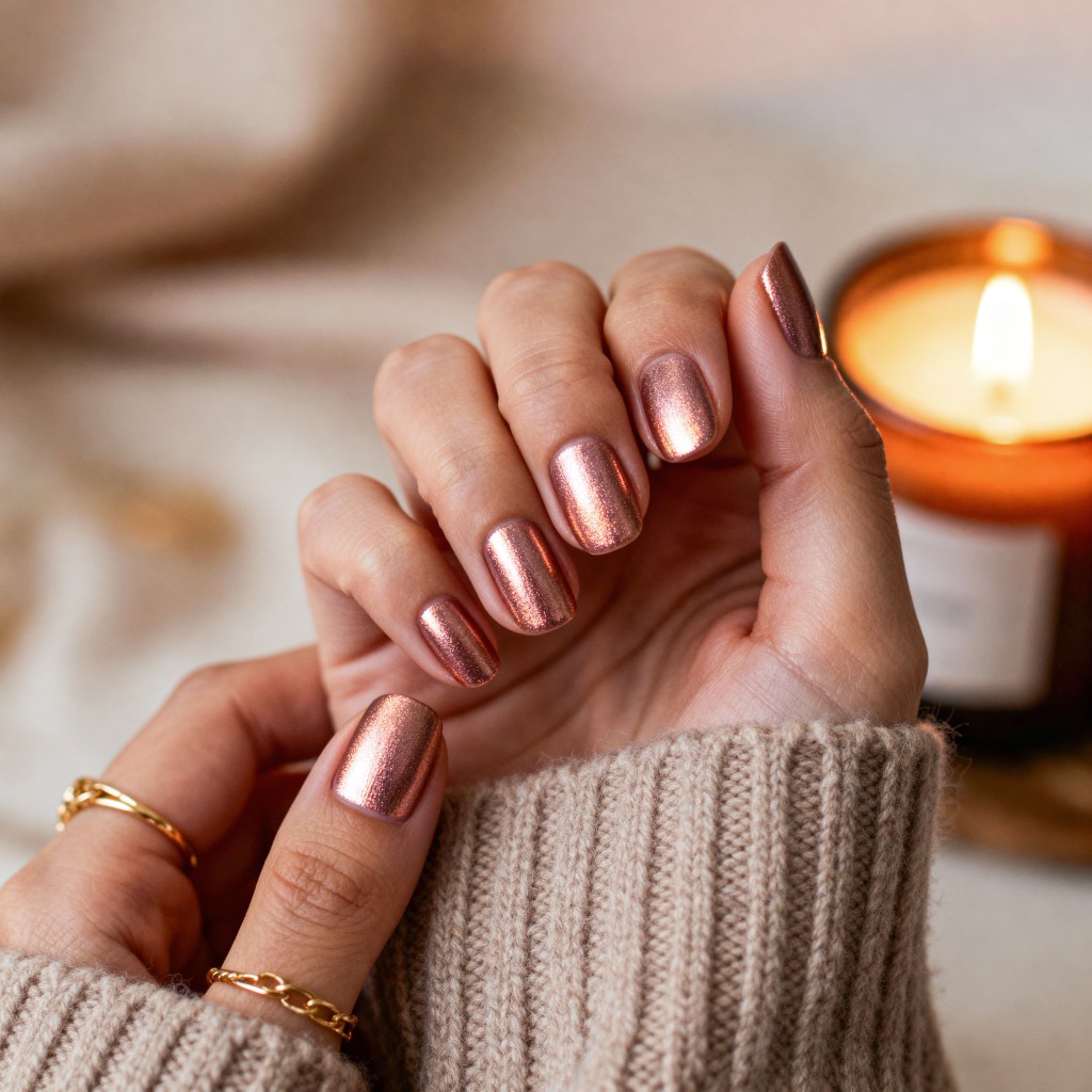 Shimmering Rose Gold Almond Nails — Cozy Winter Nails 2027