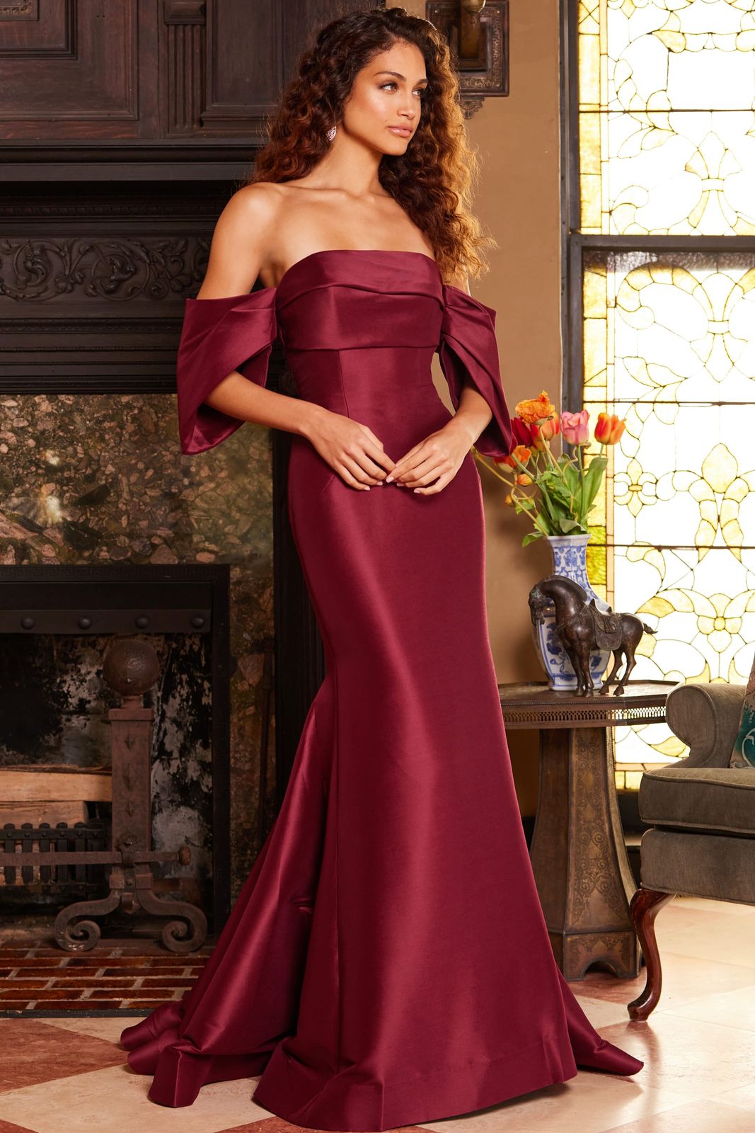 Burgundy Satin Off-Shoulder Mermaid Evening Dress Burgundy Satin Off-Shoulder Mermaid Evening Dress — Mermaid Gala Dress 2027