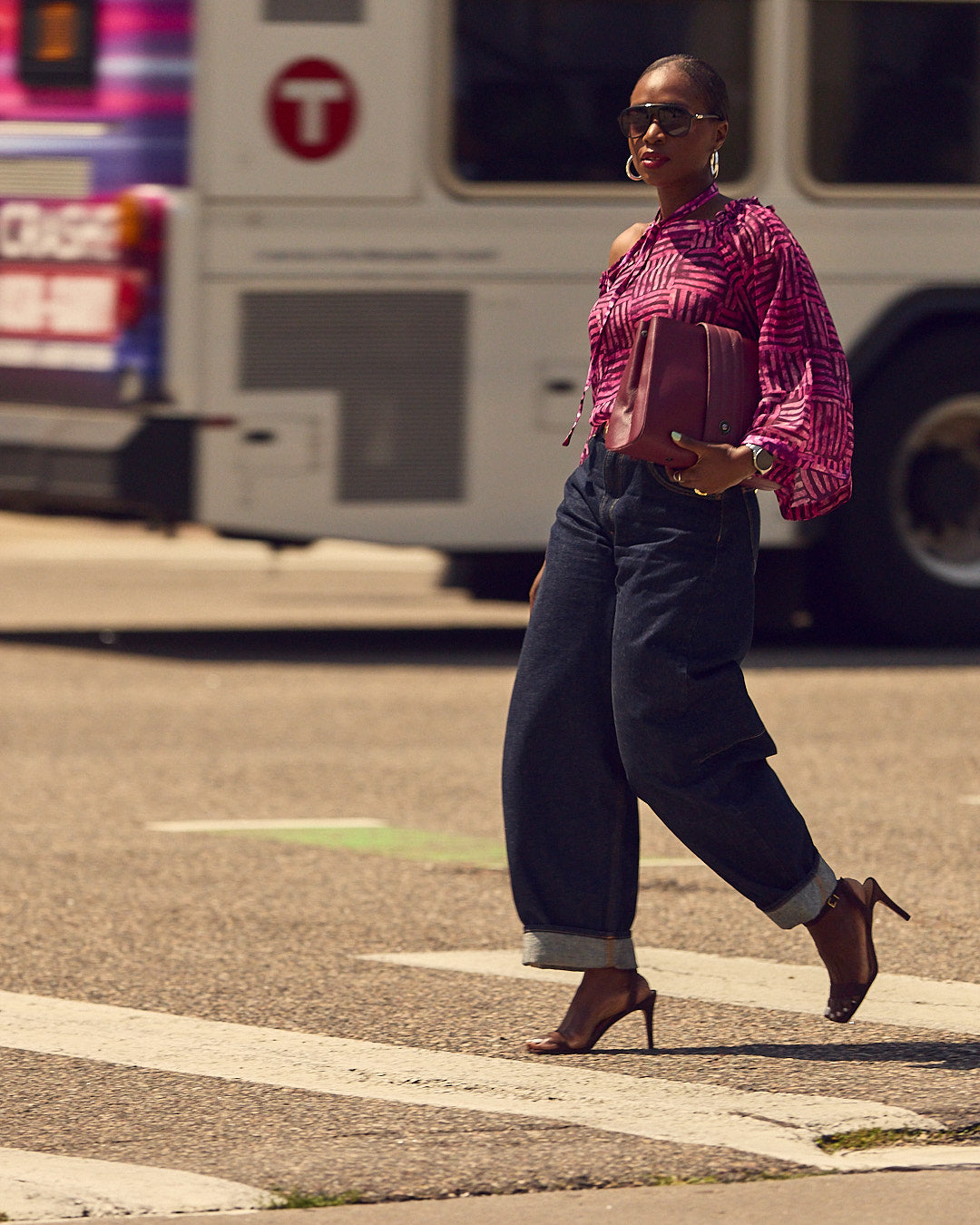 Vibrant Pink Patterned Off-Shoulder Top with Wide-Leg Jeans — Off the Shoulder Top Outfits 2027