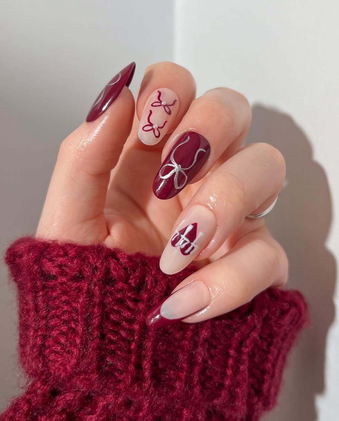 Burgundy With Sweet Silver Bows — Burgundy Nails 2027