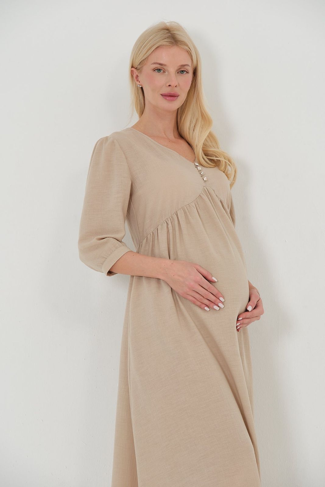 Beige Linen Midi Dress with V-Neck and Button Detail Beige Linen Midi Dress with V-Neck and Button Detail — Midi Dresses 2027 for Nursing Moms