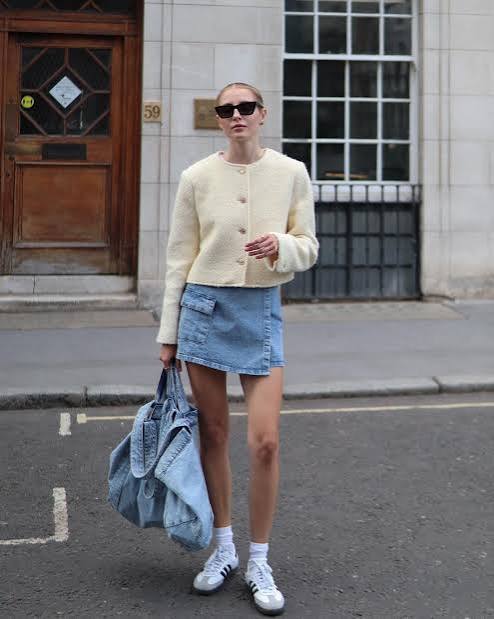 Cream Boucle Jacket and Denim Mini Skirt with Grey Adidas Samba Cream Boucle Jacket and Denim Mini Skirt with Grey Adidas Samba — Adidas Samba Spring Outfits 2027