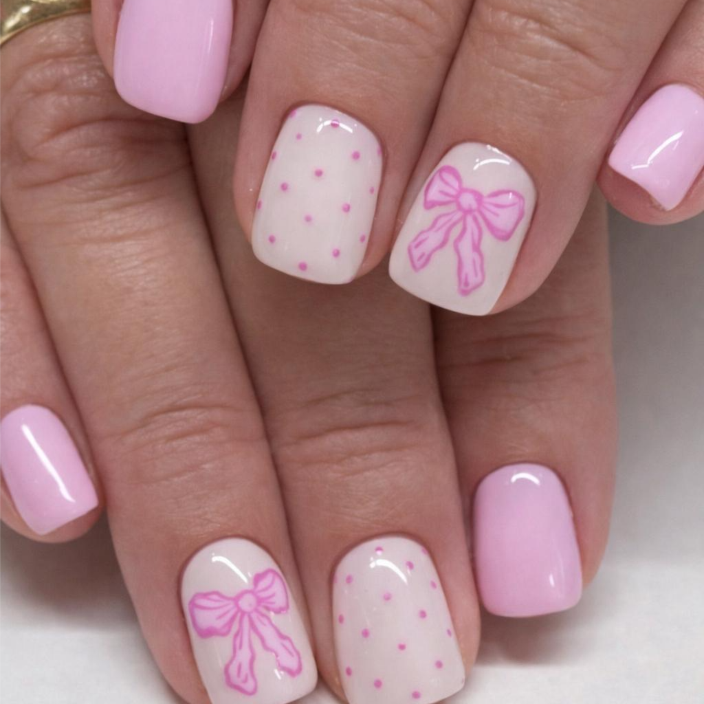 Short Square White with Pink Bows & Dots — Pink Bow Nails 2027
