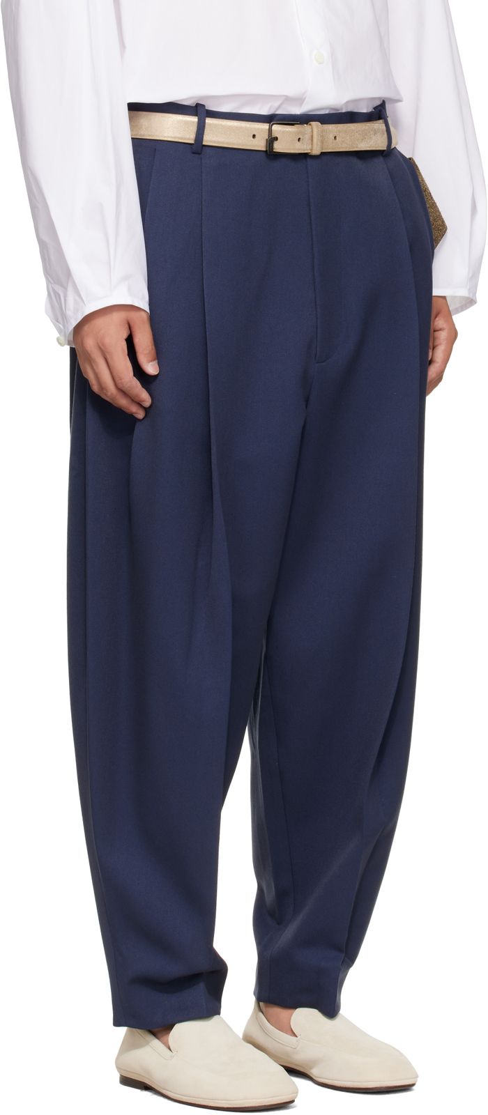 Beige Slip-On Shoes Outfit Idea Beige Slip-On Shoes Outfit Idea — Navy Blue Pleated Pants Outfits 2027