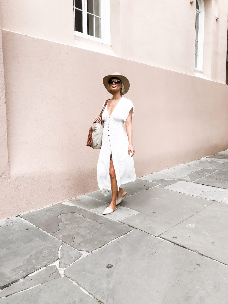 White Button-Down Midi Dress with Wide-Brim Hat White Button-Down Midi Dress with Wide-Brim Hat — Charleston Outfits 2027