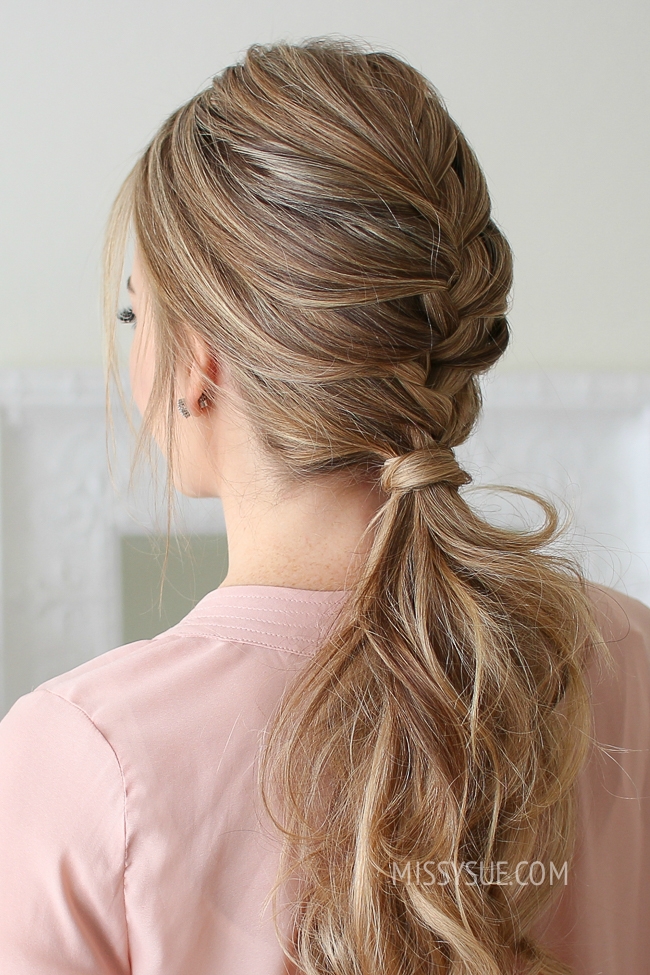 French Braid Into Low Ponytail With Fishtail Detail French Braid Into Low Ponytail With Fishtail Detail — Second Day Hairstyles 2027