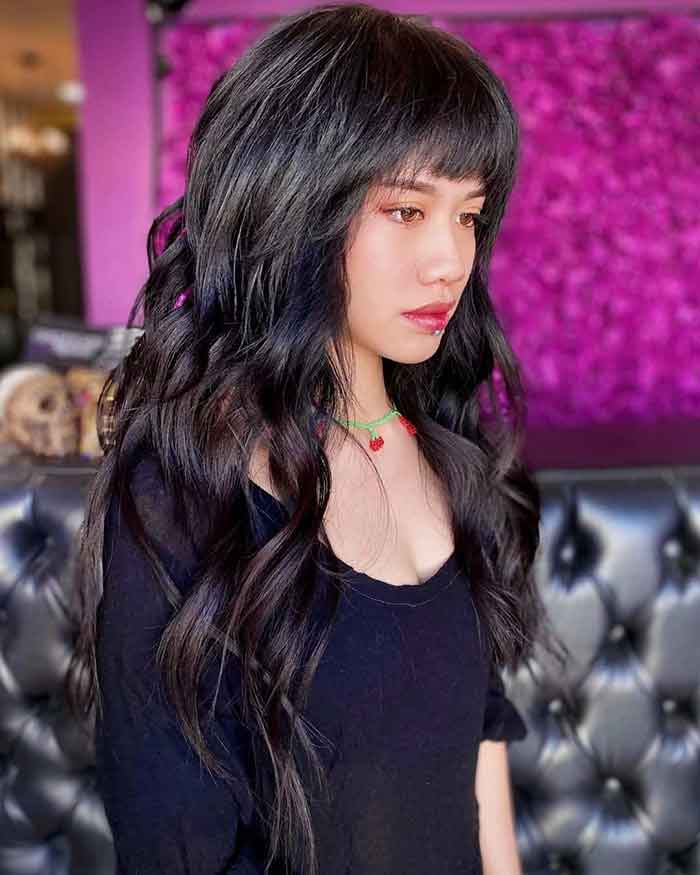 Front View Mid-Back Black Wolf Cut With Full Bangs — Long Wolf Cut 2027