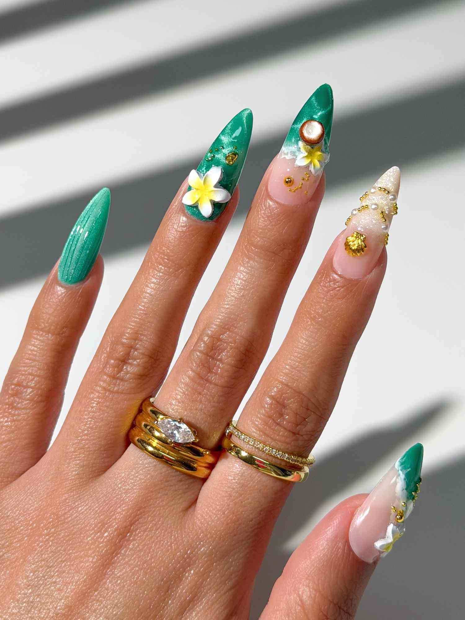 Teal Green Seashell Charm Almond Nails Teal Green Seashell Charm Almond Nails — Long Nails 2027