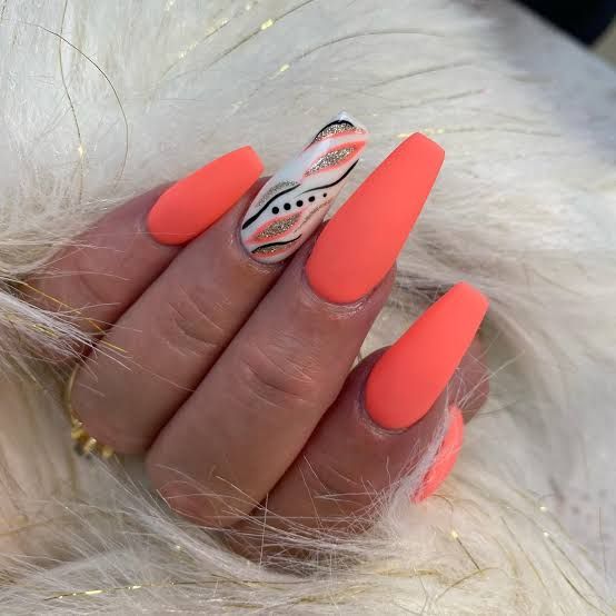 Matte Coral with Abstract Art and Gold Dots — Coral Coffin Nails 2027