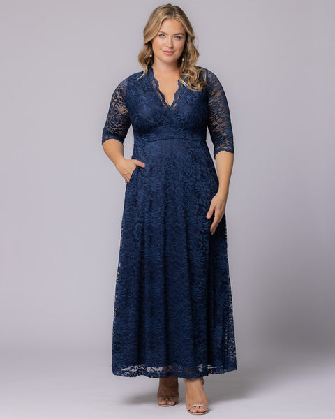 Navy Blue Lace Dress with Three-Quarter Sleeves Navy Blue Lace Dress with Three-Quarter Sleeves — Plus Size Wedding Guest Outfits 2027