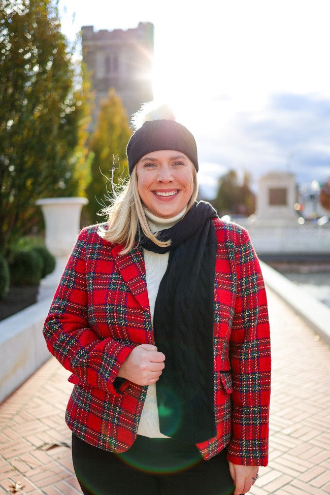 Red Plaid Blazer with Cream Turtleneck — Plaid Christmas Outfits 2026
