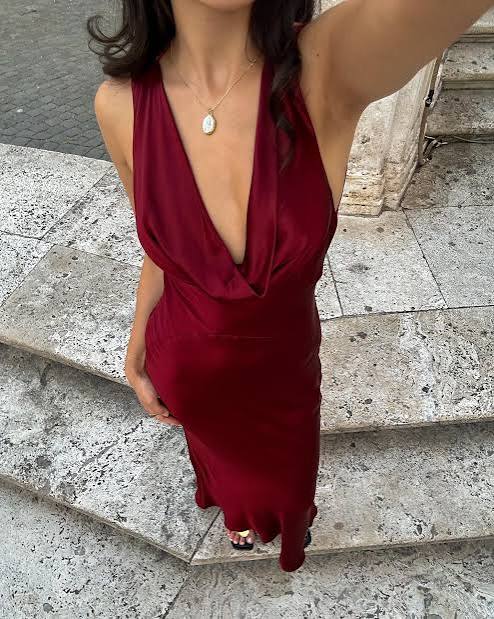 Burgundy Satin Dress with Draped Neckline Burgundy Satin Dress with Draped Neckline — Christmas Party Outfits 2026