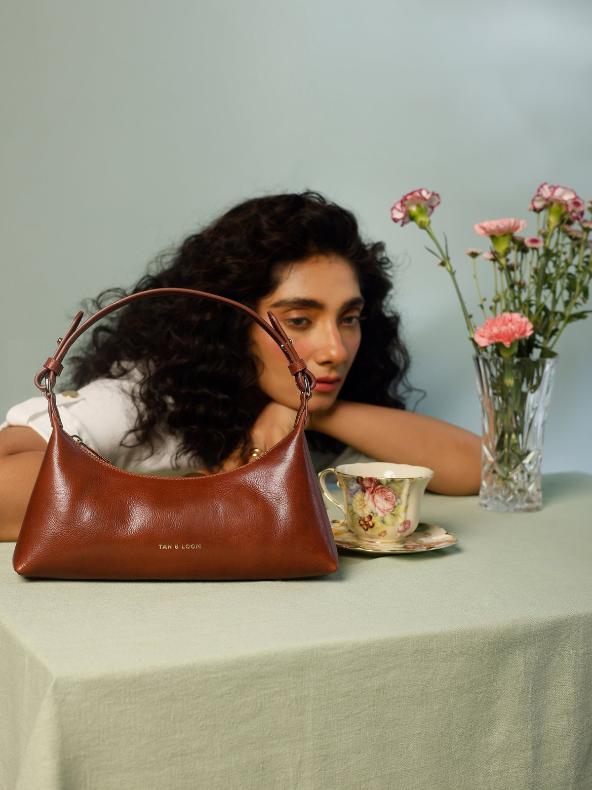 White Top and Brown Leather Baguette Bag with Floral Accents White Top and Brown Leather Baguette Bag with Floral Accents — Baguette Bag Aesthetic 2027