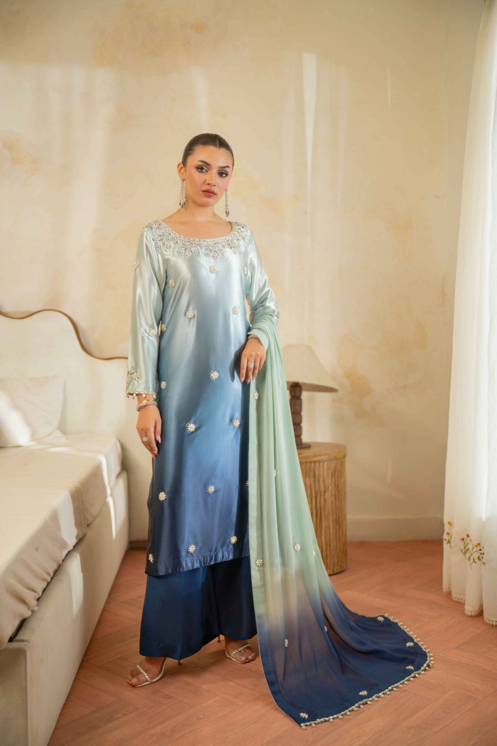 Blue Ombre Silk Tunic with Embellishments for Festive Evenings Blue Ombre Silk Tunic with Embellishments for Festive Evenings — Powder Blue Outfits 2027