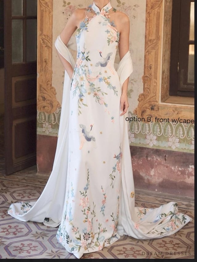 White Silk Dress with Crane Embroidery and Halter Neckline — Silk Dresses 2027